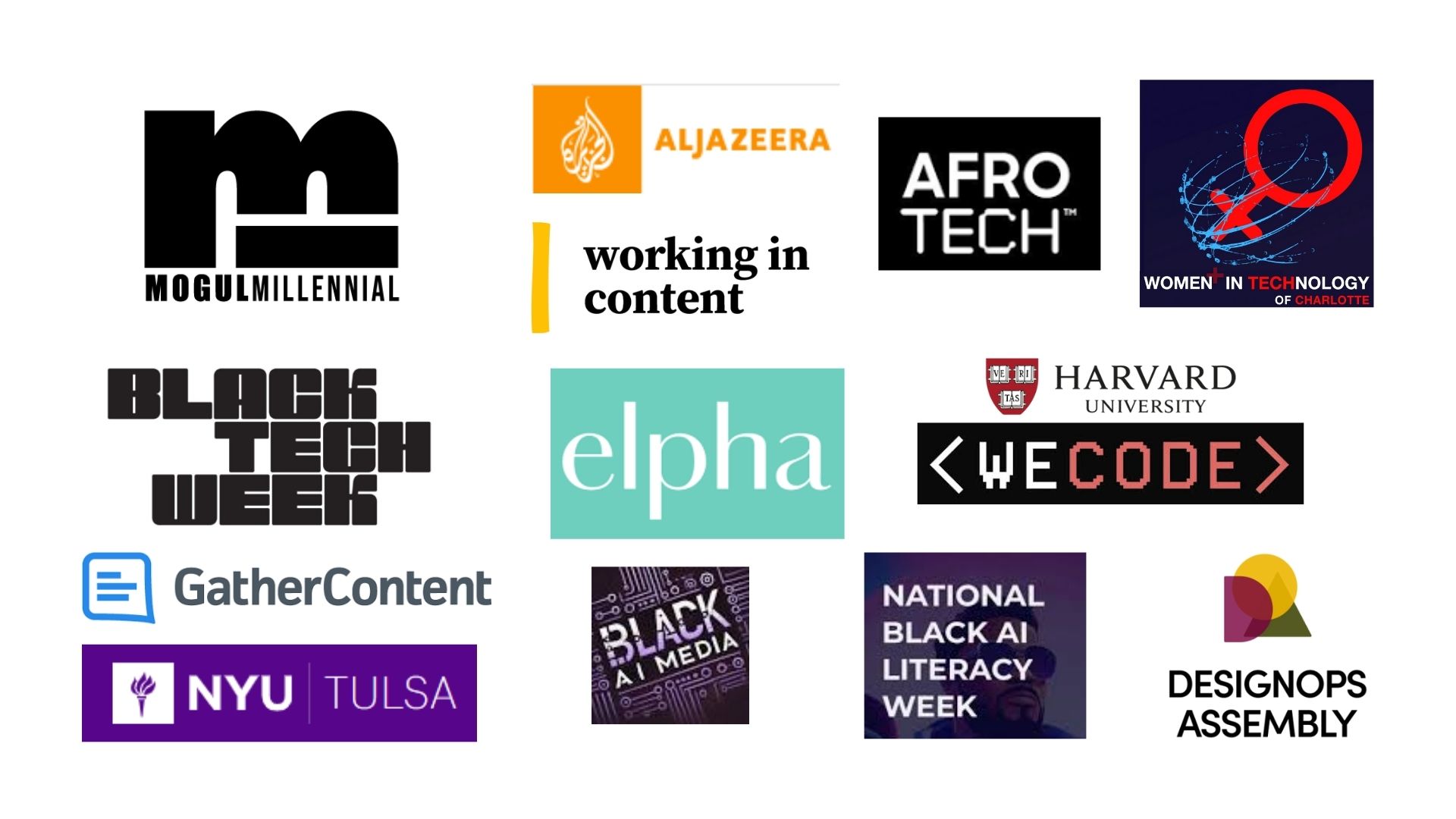 Logos of selected companies, stages and communities Jeneba Wint has worked with, spoken for, been featured by or collaborated with.